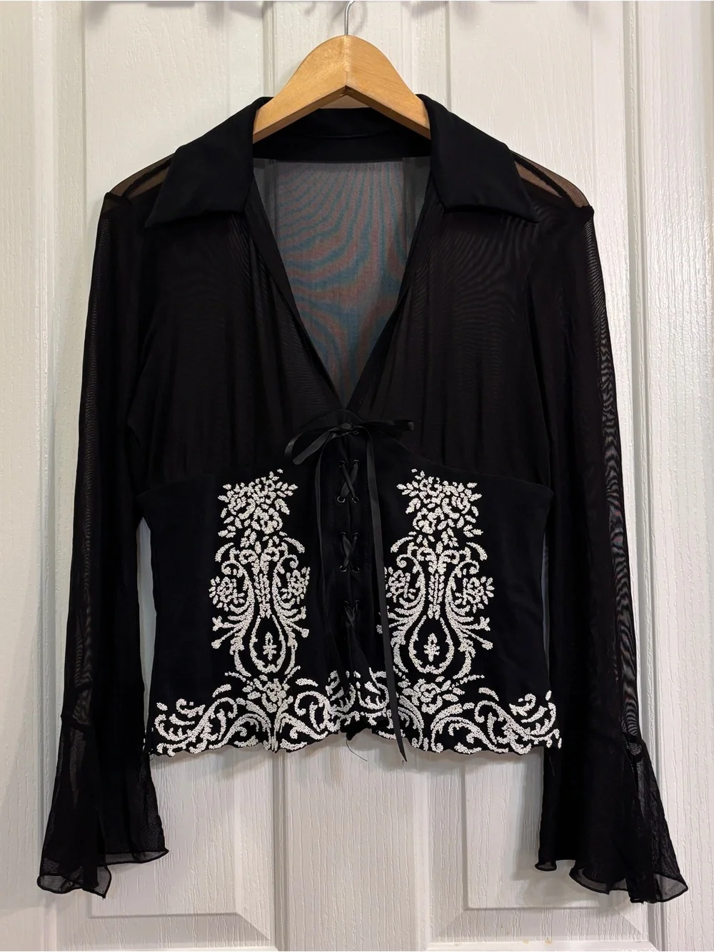 Joseph Ribkoff Black Sheer Mesh Blouse with Beading Corset Detail - Picture 1 of 6